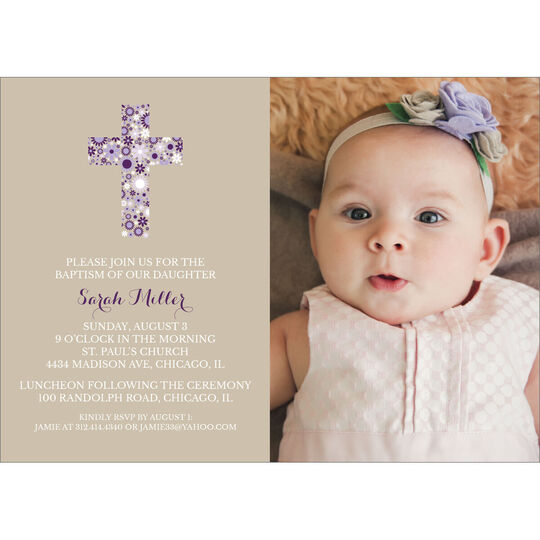 Tan Floral Cross Photo Baptism Invitations